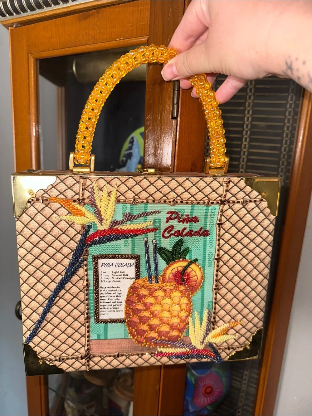 Pina Colada Beaded Handle Tote Bag - Yellow Accent
